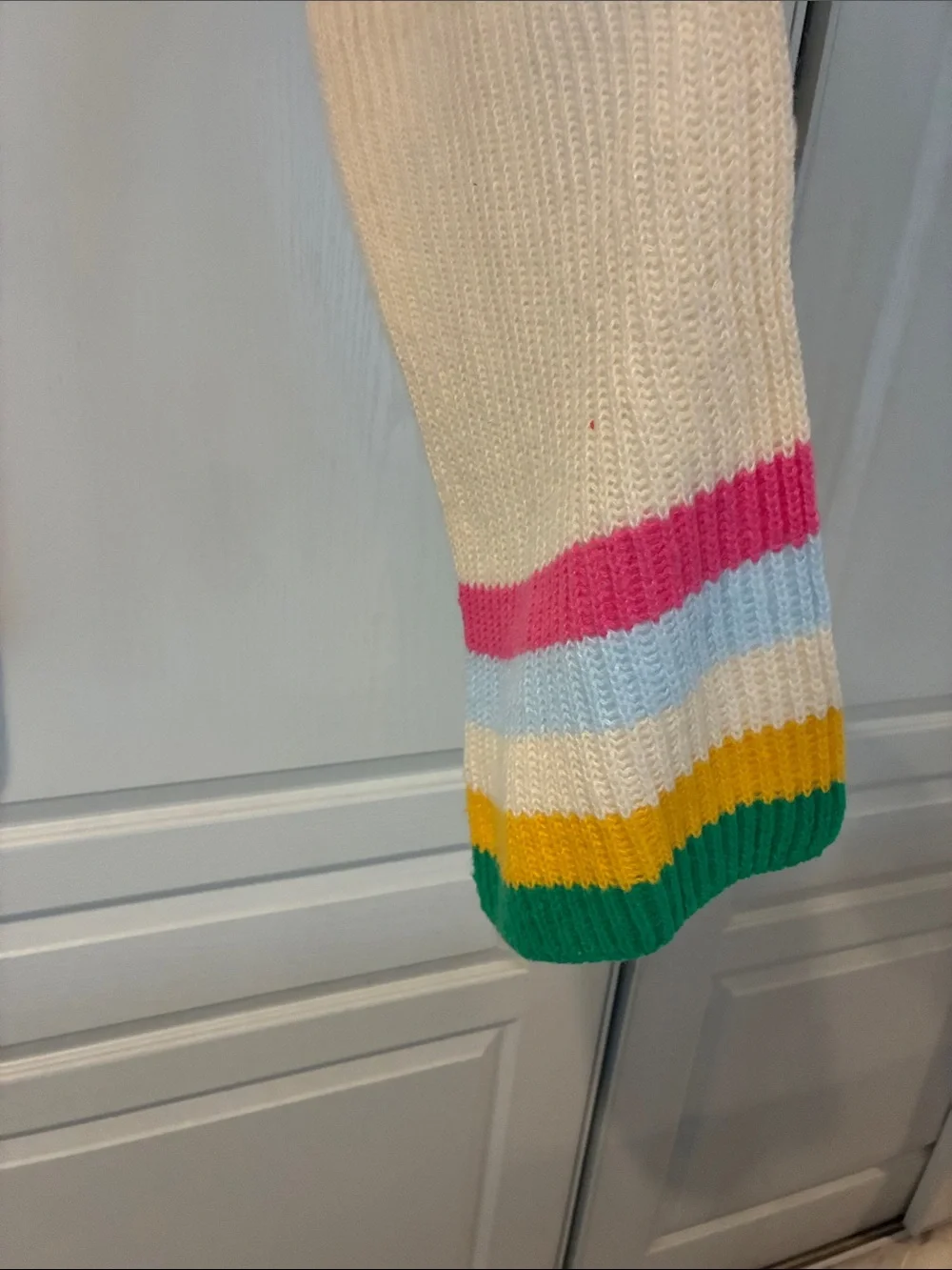Cream Kids Knit Scarf with Rainbow Stripe Accents